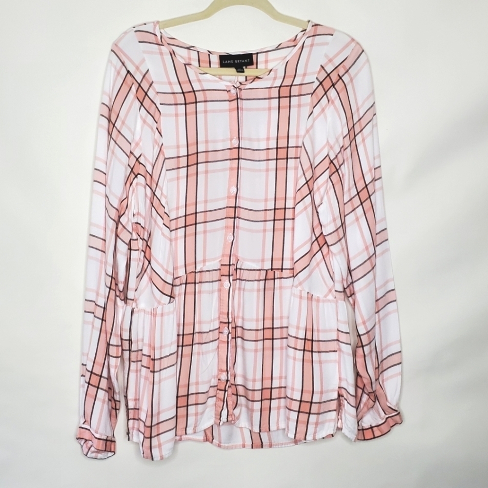 Lane Bryant Plaid‎ Babydoll Top Size 16 Button Front No-Peek Long Sleeve Rayon - Picture 3 of 12